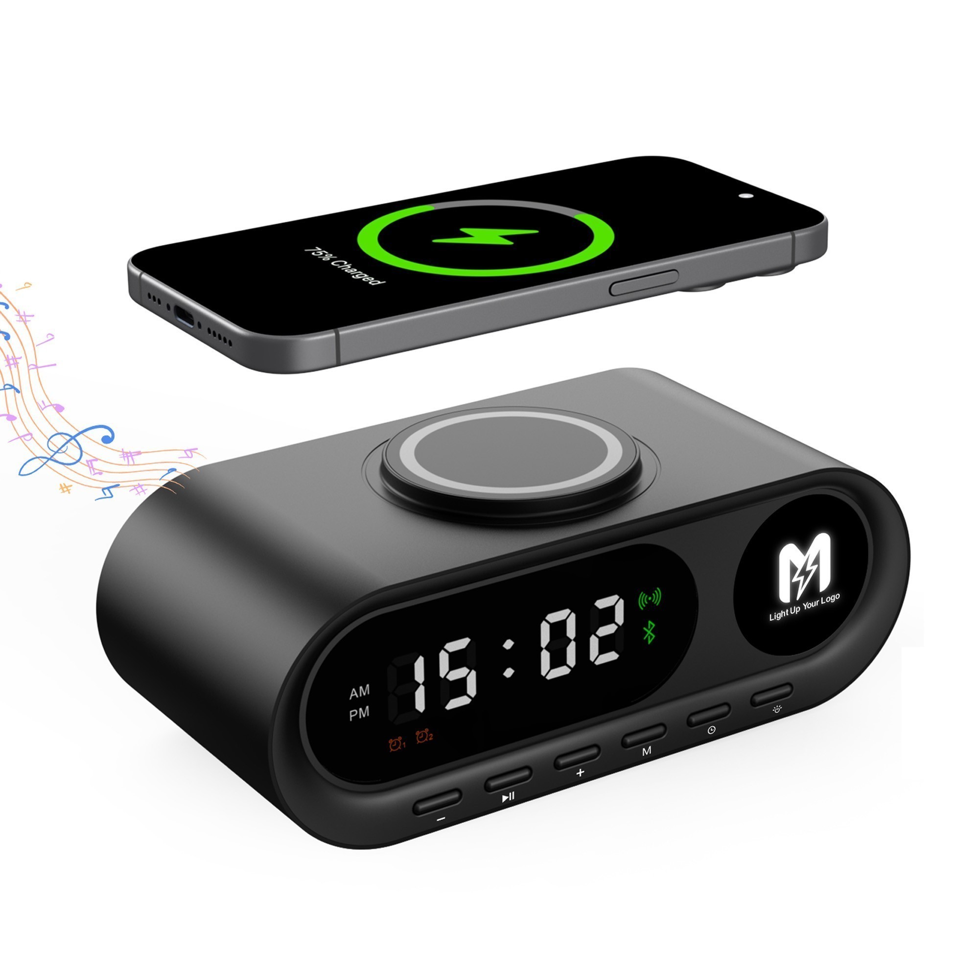 Настольные часы "Smart Hub" с bluetooth колонкой 5Вт, беспроводной (15W) зарядкой и подсветкой логотипа, цвет черный