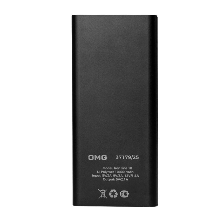 Универсальный аккумулятор OMG Iron line 10 (10000 мАч), металл, черный, 14,7х6.6х1,5 см