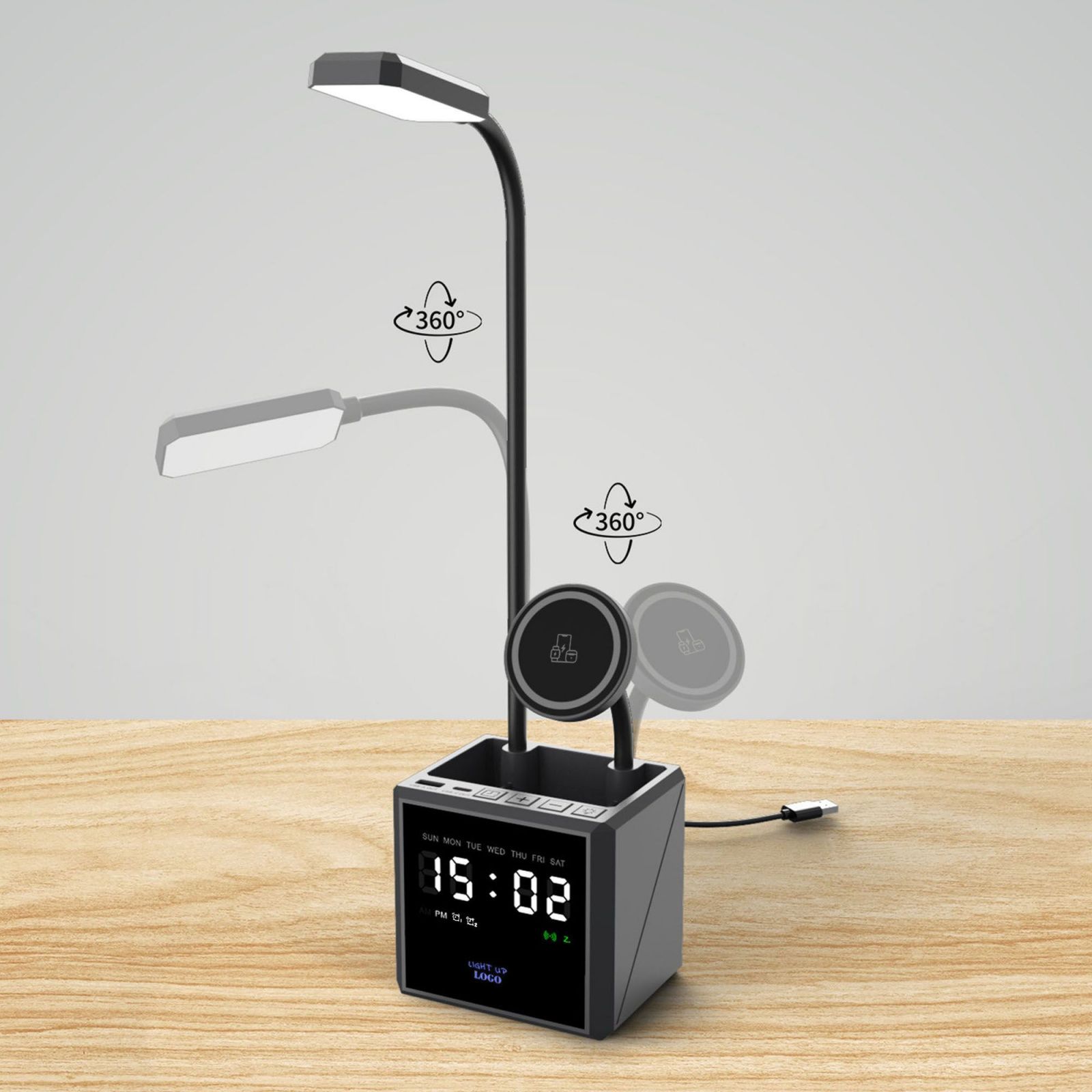 Лампа "Smart Flex" с беспроводным 3в1 (15W) ЗУ с MagSafe, часами, карандашницей и подсветкой логотипа, цвет черный