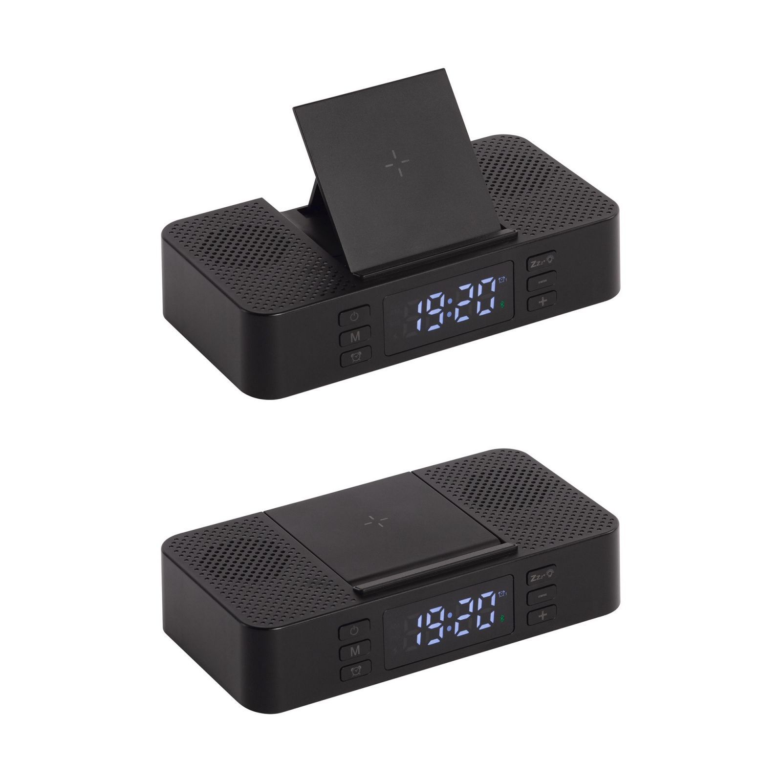 Настольные часы "Smart Box" с bluetooth колонкой (2х3Вт), беспроводным (15W) зарядным устройством и складной подставкой под смартфон, цвет черный