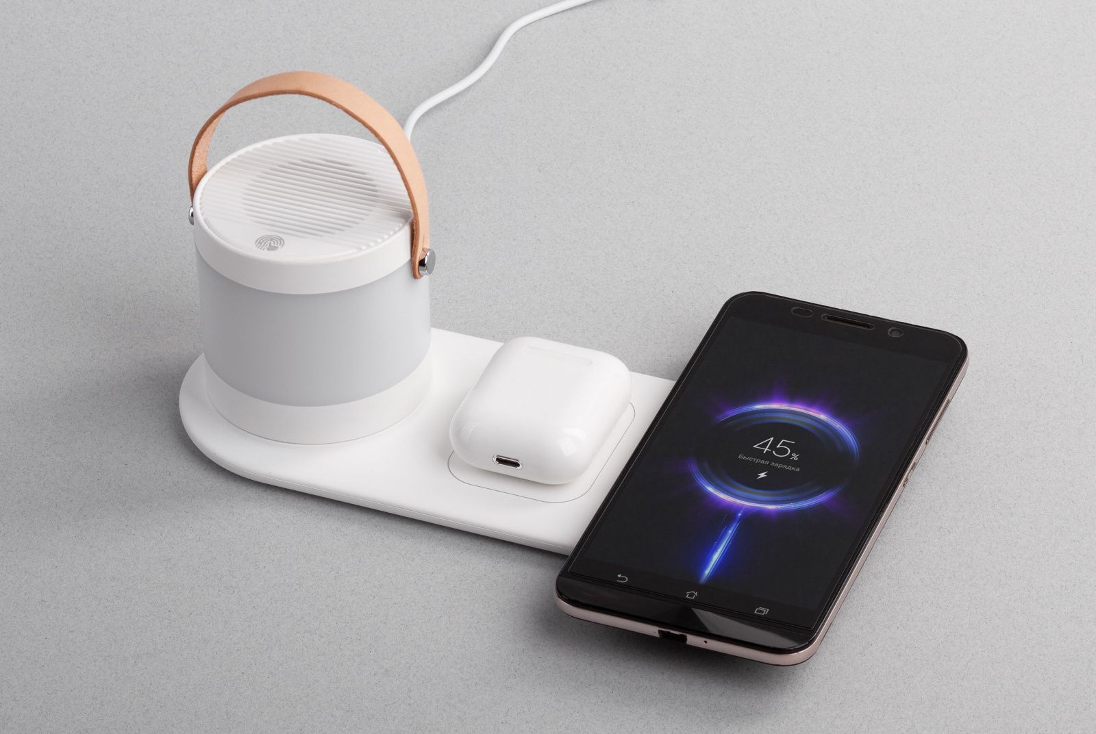 Настольная беспроводная (15W) зарядная станция "Smart Home" с bluetooth колонкой-лампой, цвет белый