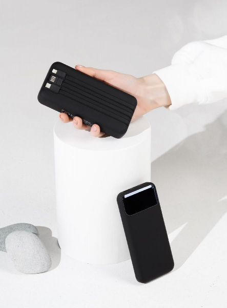 Зарядное (22.5W) устройство "Top Grade SOFTTOUCH" 20000 mAh с подсветкой логотипа, встроенными кабелями и цифровым индикатором заряда, цвет черный