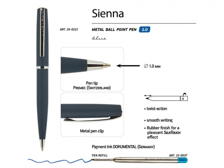Ручка металлическая шариковая Sienna, софт-тач, 1.0 мм, синяя