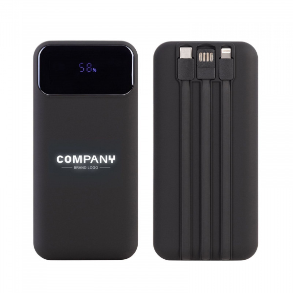 Зарядное (22.5W) устройство "Top Grade SOFTTOUCH" 20000 mAh с подсветкой логотипа, встроенными кабелями и цифровым индикатором заряда, цвет черный