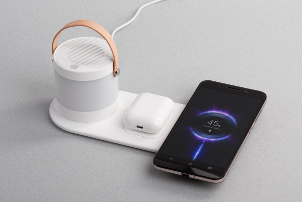 Настольная беспроводная (15W) зарядная станция "Smart Home" с bluetooth колонкой-лампой, цвет белый