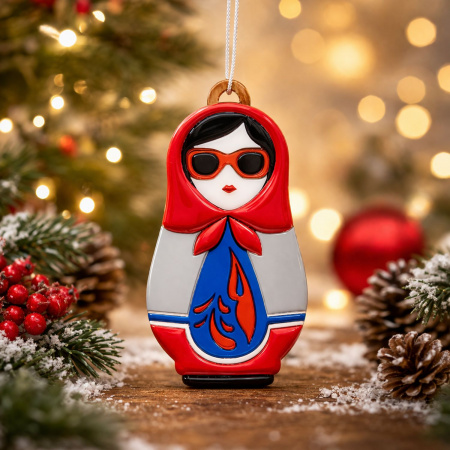 Ёлочная игрушка Матрёшка с узорами (красный с синим)