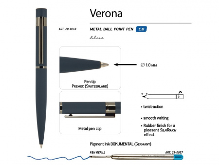 Ручка металлическая шариковая Verona, софт-тач, 1.0 мм, синяя